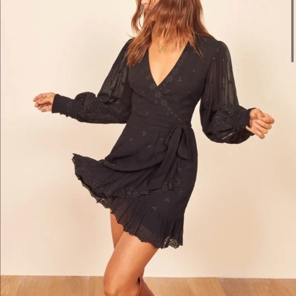 Reformation Black Clare Crepe Wrap Mini Dress